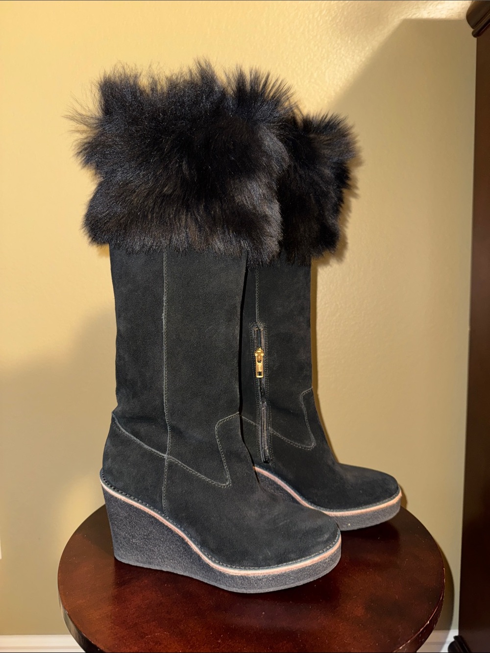 UGG "VALBERG" TOSCANA FUR CUFF BLACK SUEDE WEDGE TALL BOOTS